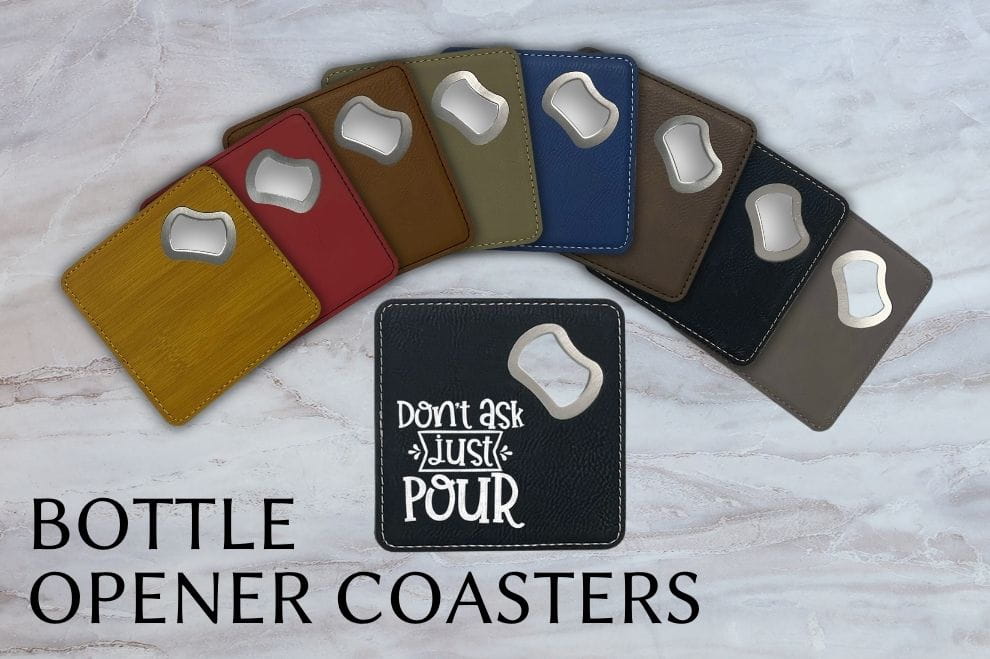 Bottle opener coasters in a variety of colors.